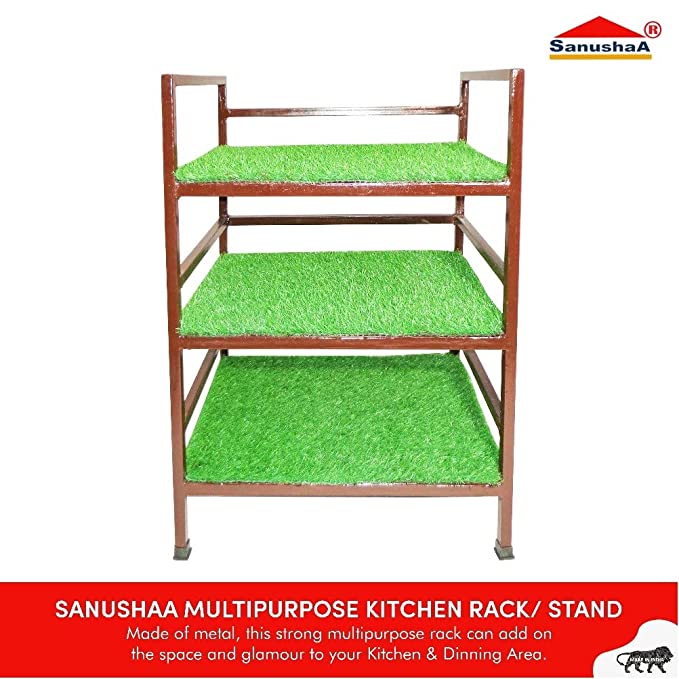 SANUSHAA 3 Tier Multipurpose Rack Artificial Grass, To check detail or buy the metal products please visit baash distributors website www.mytijori.com